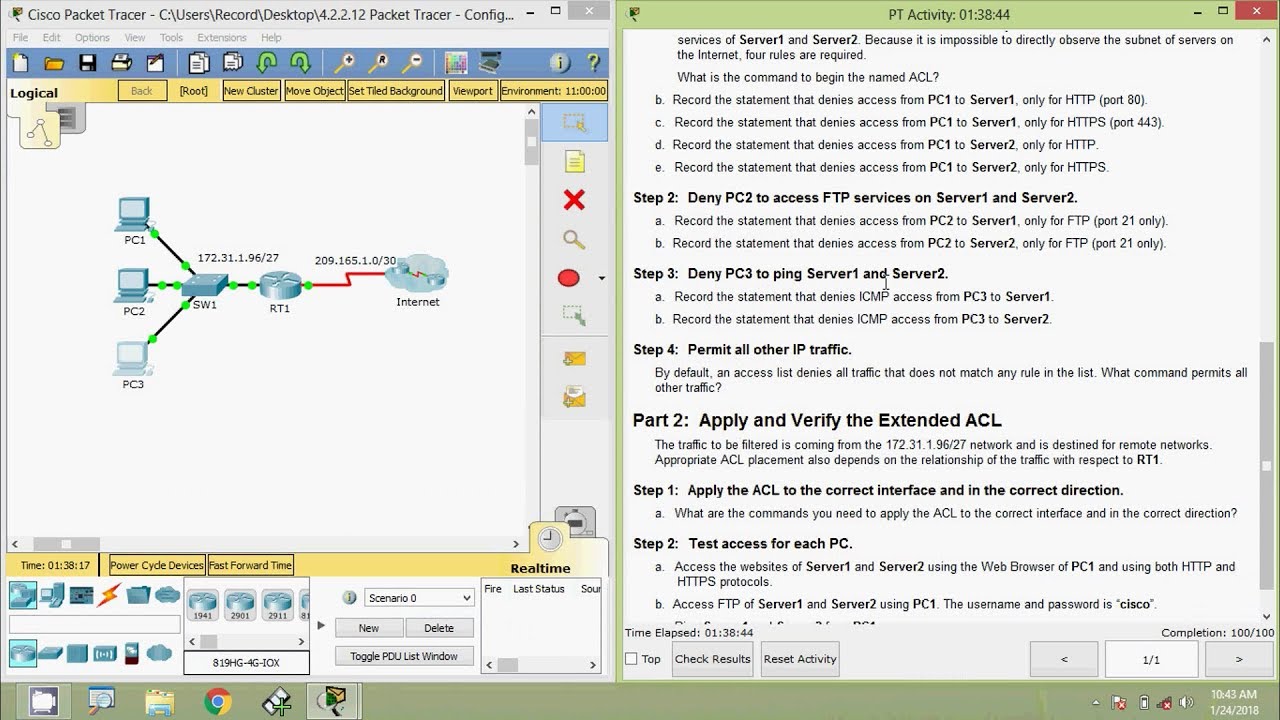 4.2.2.12 Packet Tracer - Configuring Extended ACLs Scenario 3