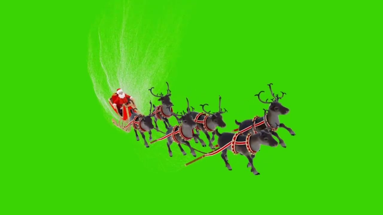 Santa Claus with sleigh and running reindeer green screen| Green screen effect