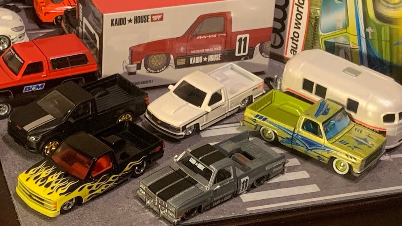 シークレット当たった❗️MINI GT シルバラード KAIDO V1、ローライダー仕様シルバラード、いすゞDmax、454 SS ピックアップ & キャンパー トレーラー、GMC JIMMY SLE
