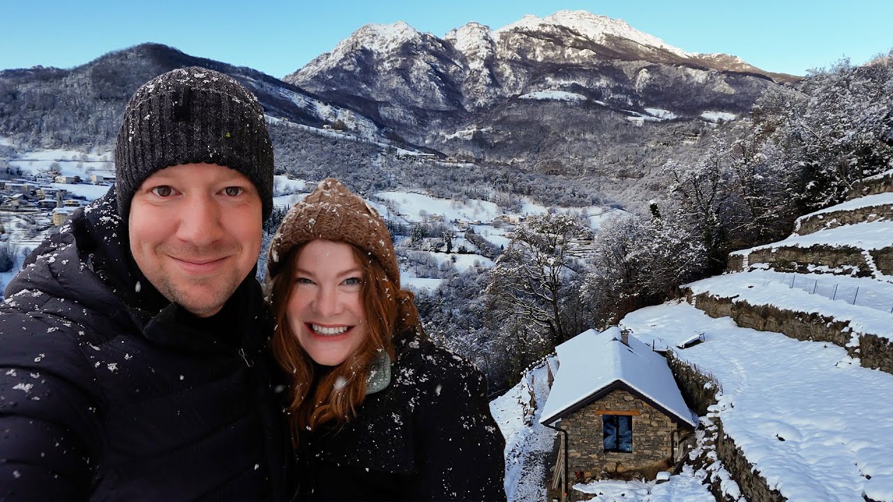 Snow Arrives at our Stone Cabin in the Mountains.