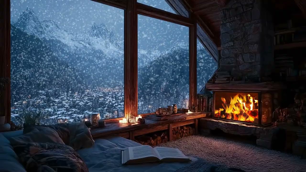 Quiet Snowy Cabin Night with Gentle Fire Sounds for Restful Sleep and Stress Relief