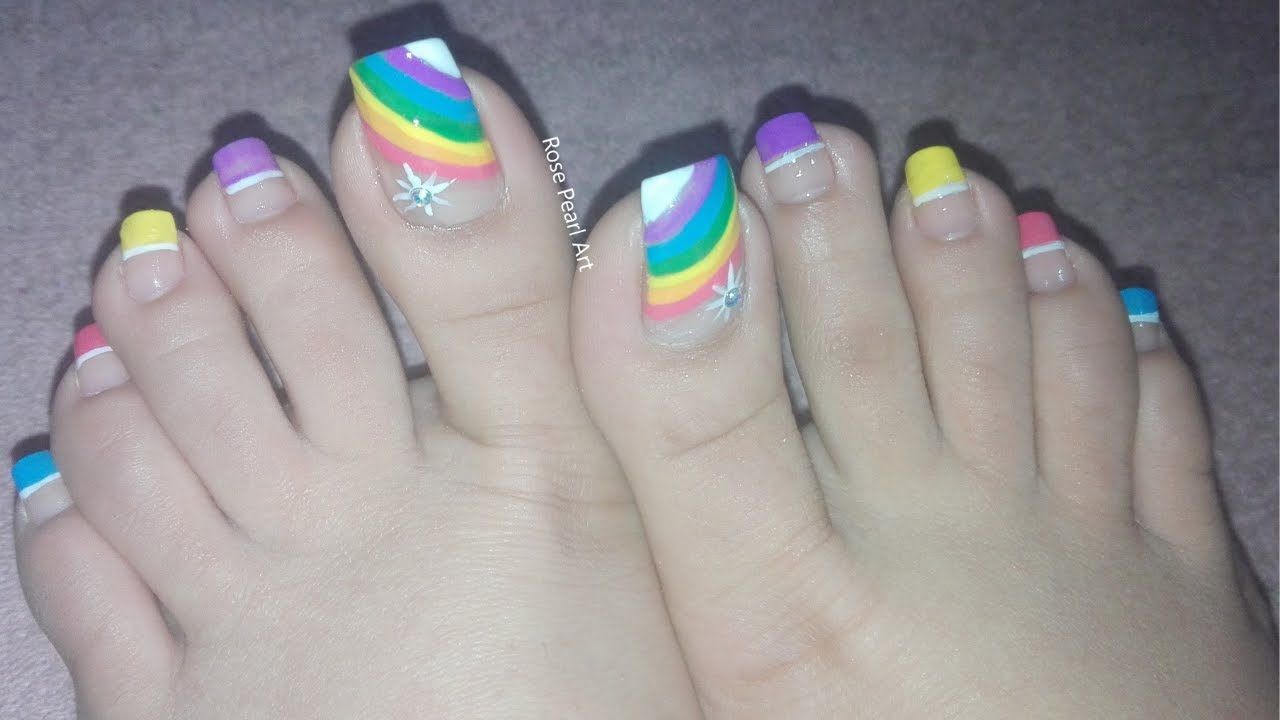 Rainbow Toe Nail Art Tutorial- Spring Nails- French Pedicure | Rose