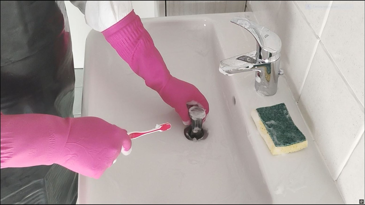 Bathroom Sink Cleaning with Long Pink Rubber Gloves & Black PVC Apron