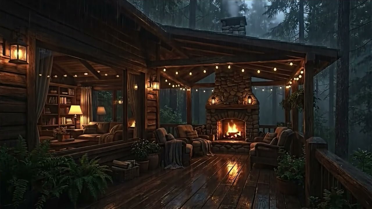 Fall Asleep to Rain & Crackling Fire | Cozy Cabin Ambience 4K
