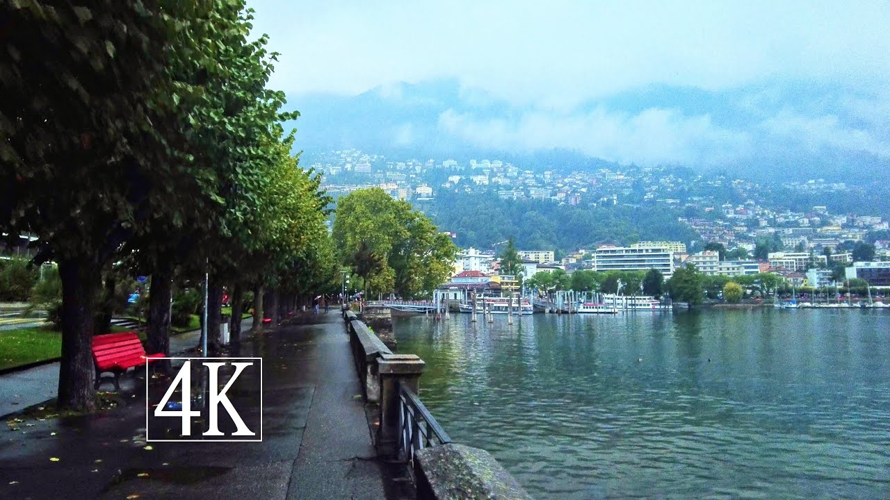 Rainy walk in Locarno, Switzerland. Autumn, relaxing ambient music mix. 4K.