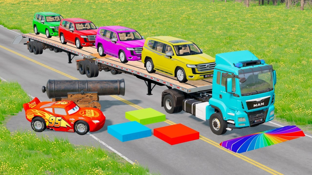 TRANSPORTING PIXAR CARS & FRUITS WITH COLORED & JOHN DEERE vs CLAAS vs TRACTORS - BeamNG.drive #983