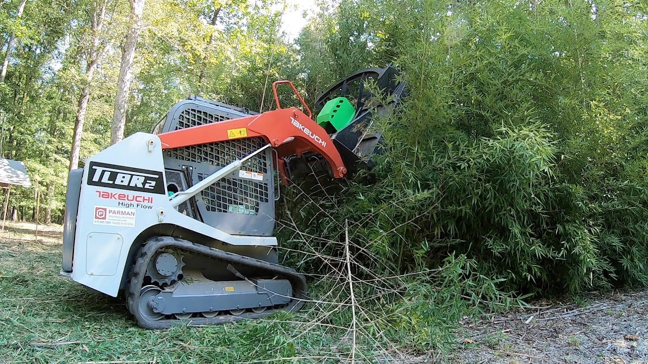 Cutting down bamboo with express steel brush cutter on Takeuchi tl8r2 