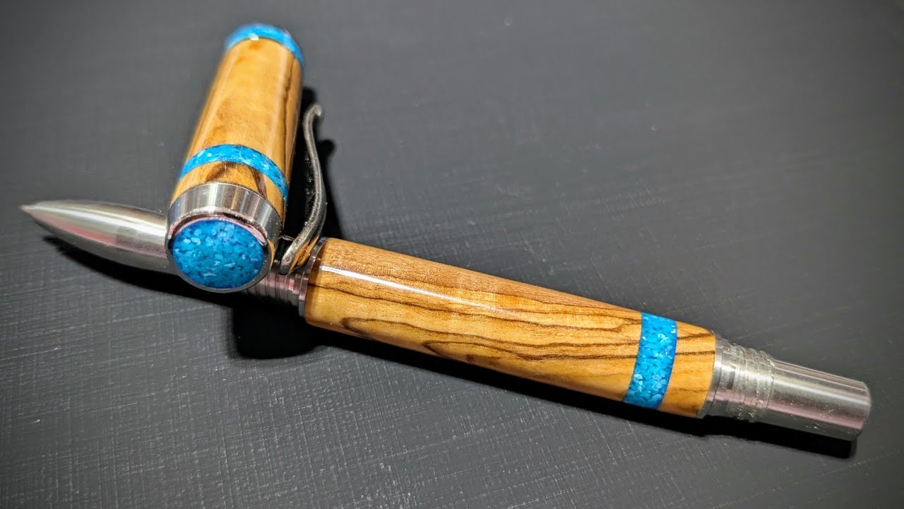 Turning Bethlehem Olivewood and Turquoise Inlay for Band-It Pen with my Youngest Daughter