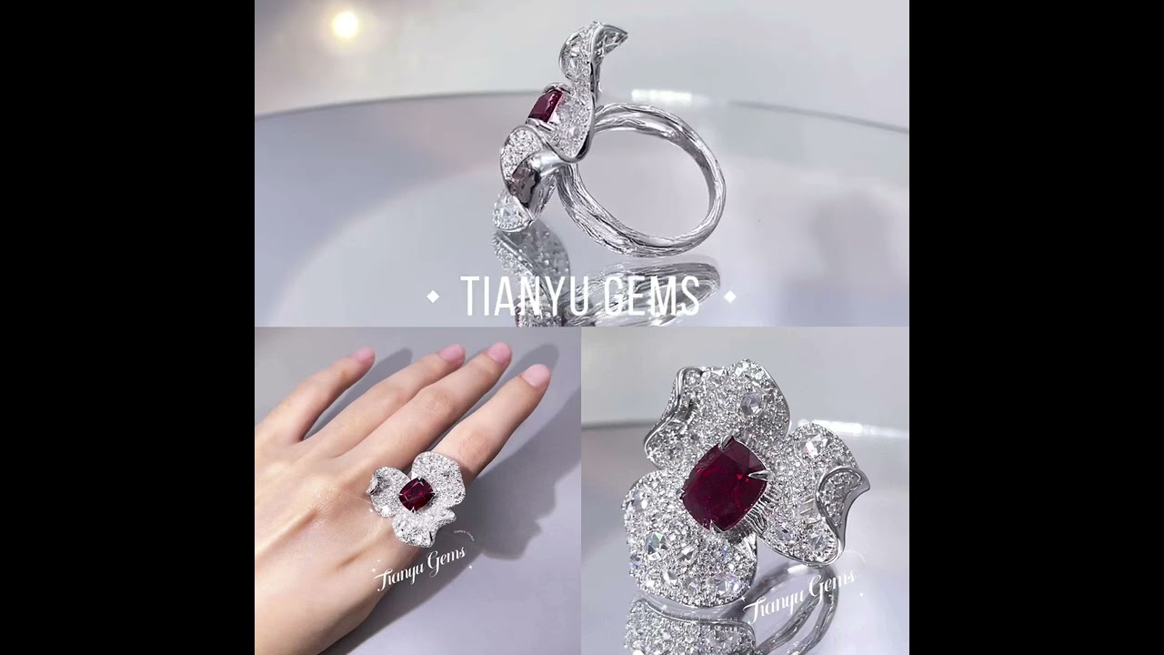 8.5&times;10mm cushion cut ruby, side with colorless moissanite white gold ring