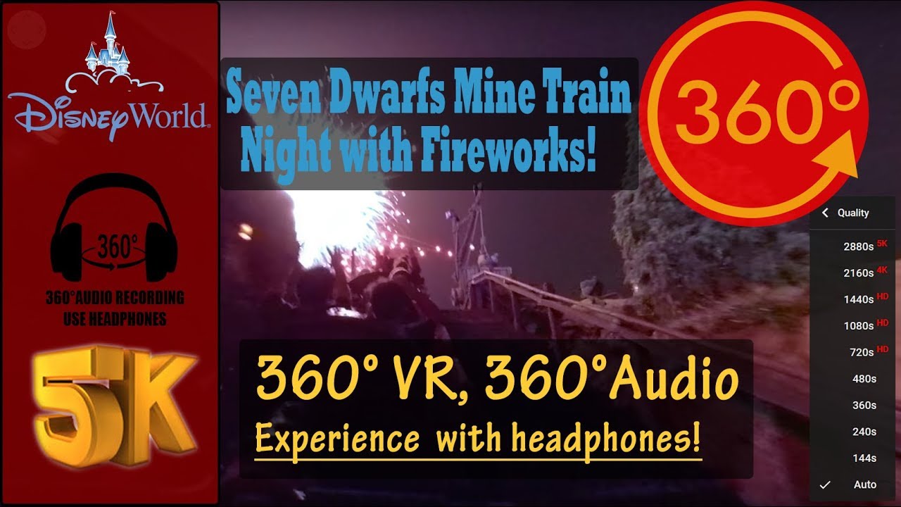[5K 360°, 360° Audio] Seven Dwarfs Mine Train at NIGHT with Fireworks! Immersive - Magic Kingdom