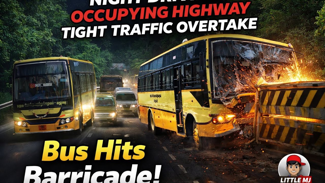 Careless Driver Hits the Barricade 😱 | Dangerous Night Bus Driving | Full POV