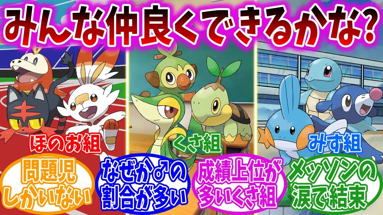 【概念】タイプ別にクラス分けされた御三家ポケモンの学園生活にありそうなことに対するトレーナーの反応集【ポケモン反応集】