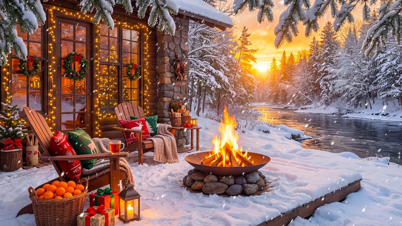 Cozy Winter Morning Cabin Porch ❄️🔥 Crackling Fire, River Sounds, Soft Snowfall & Christmas Ambience