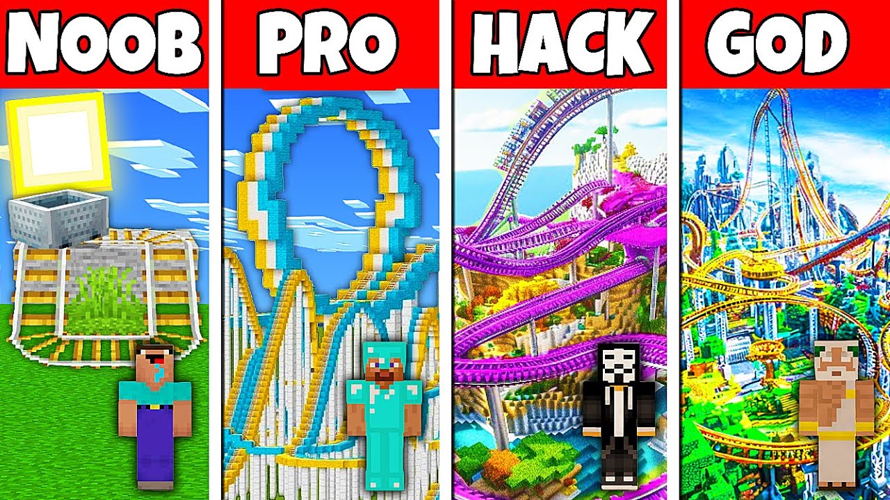 Minecraft Battle: NOOB vs PRO vs HACKER vs GOD! GIANT ROLLER COASTER BUILD CHALLENGE in Minecraft