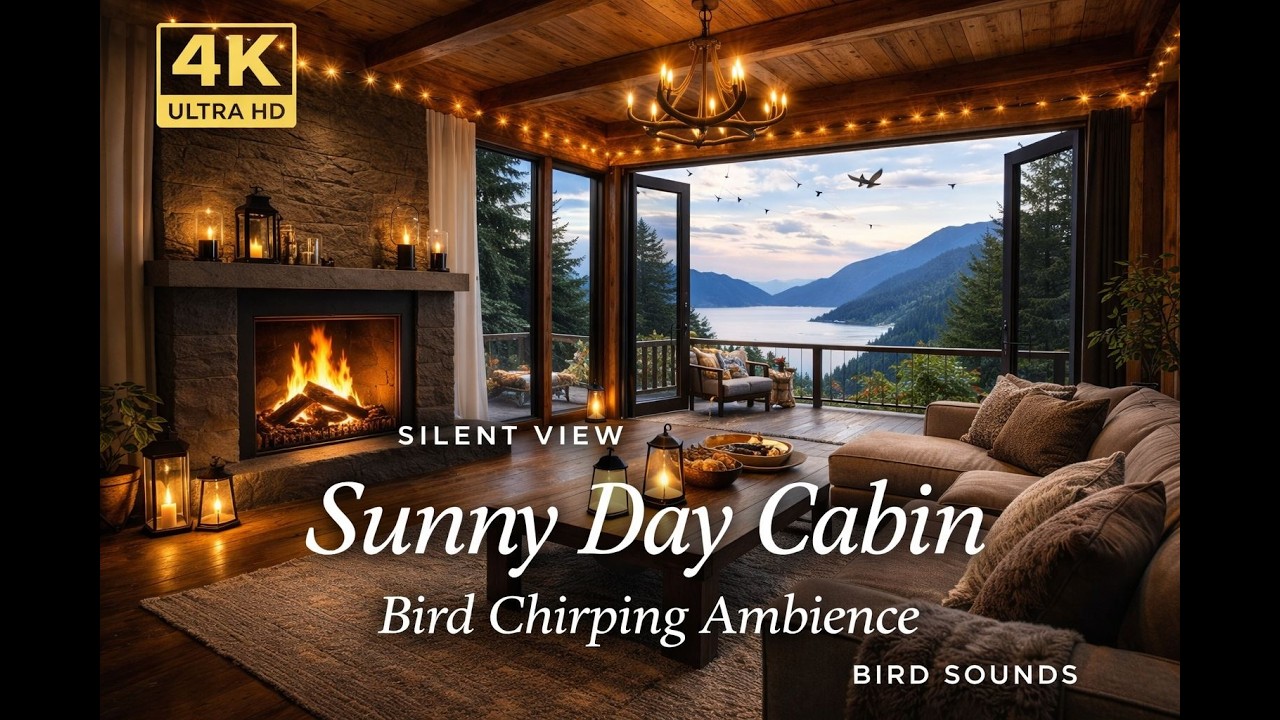 ☀️ Sunny Day Cabin Ambience 🐦 Cozy Fireplace | Bird Chirping Sounds in 4K Ultra HD