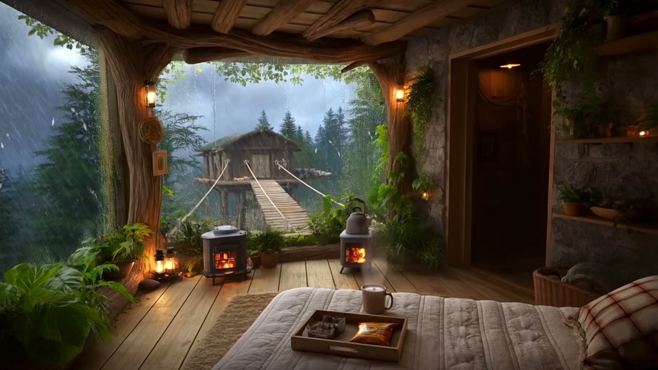 Luxury Treehouse Ambiance, Rain & Wind Sounds for Sleeping, use background ambient noise to relax