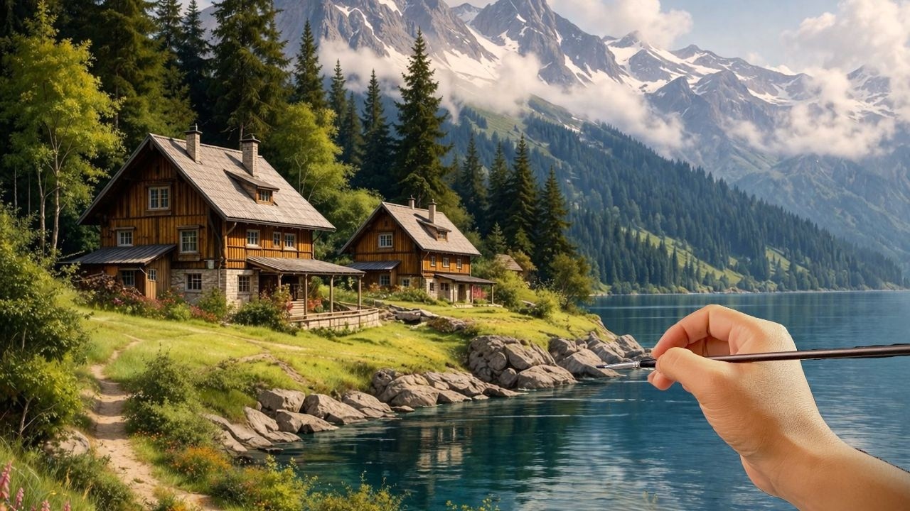Can You Paint This Peaceful Lakeside Cabin? Easy Acrylic Landscape Tutorial for Beginners | #084