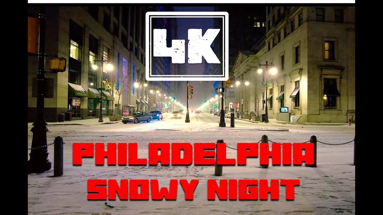[4K] Philadelphia 2020, Beautiful Snowy Night, Walking Tour Pennsylvania, USA.