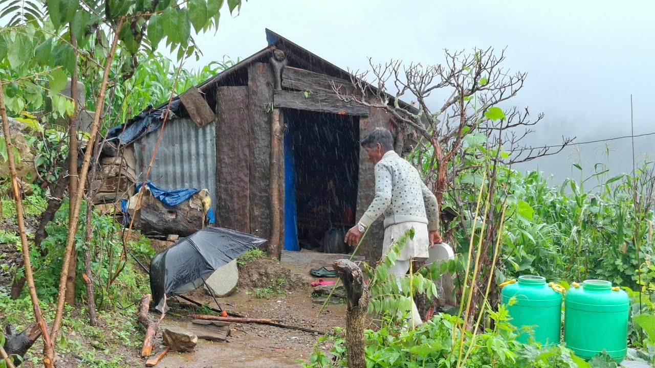 This is a traditional Nepali mountain village in the rain |  Daily activities of people in village |