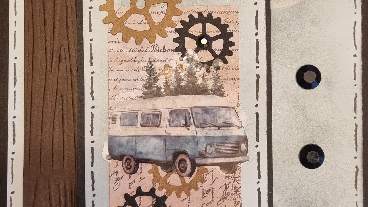 Blue Cogs and Camper themed Greetings Card 