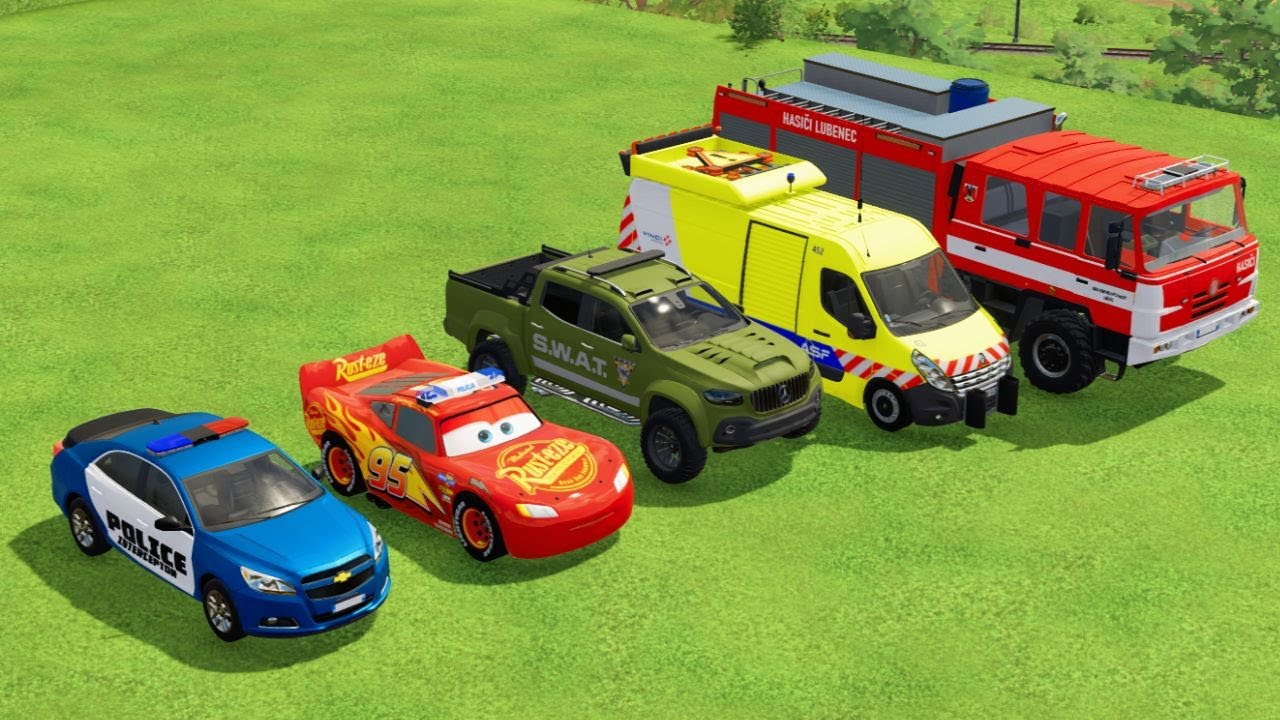 TRANSPORTING DACIA, MCQUEEN CAR, FORD POLICE CAR, AMBULANCE EMERGENCY WITH MAN TRUCKS FS22 #50
