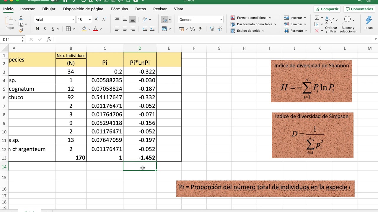 Calculo de Indices de Diversidad con Excel