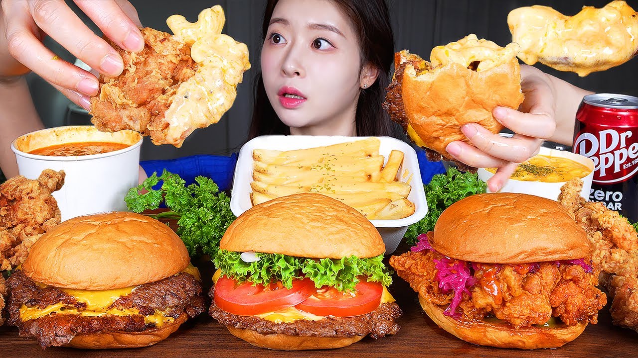ASMR MUKBANG | Бургеры в американском стиле🍔 Мак с сыром, жареная курица, картофель фри, рагу с чили