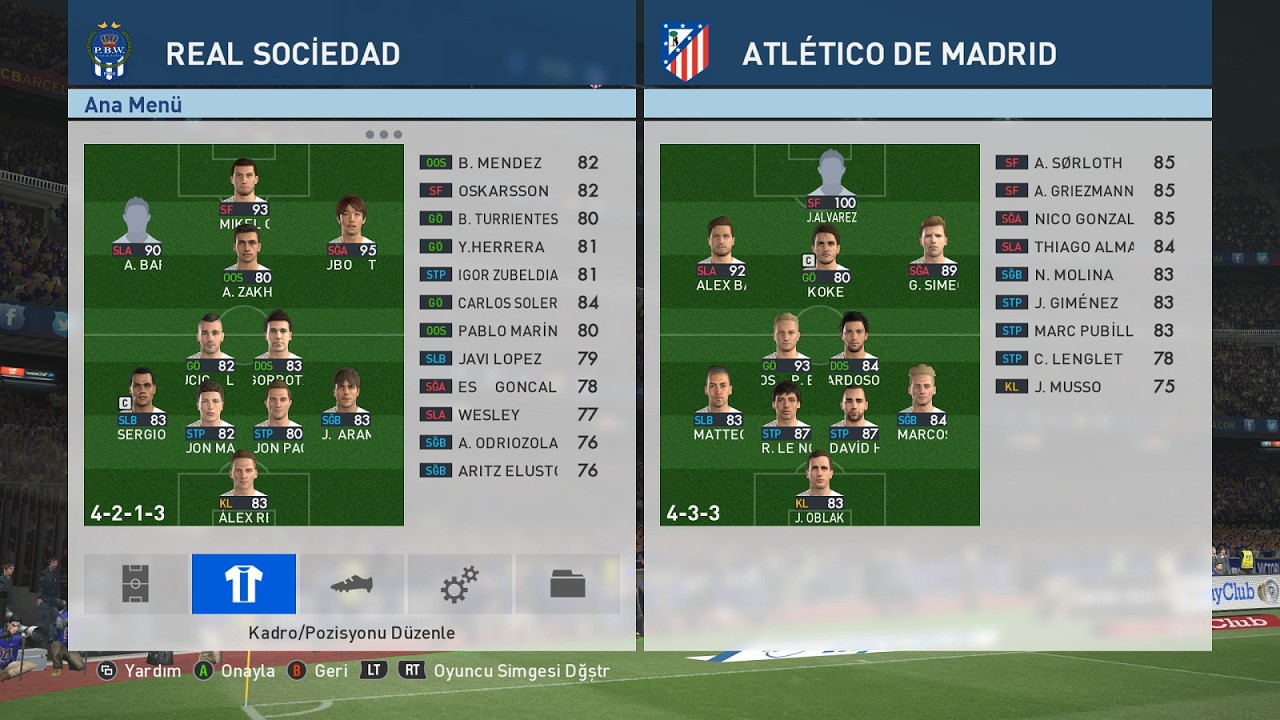 PES 2017 Real Sociedad vs Atletico Madrid 2026 Güncel Kadrolar (current squads)