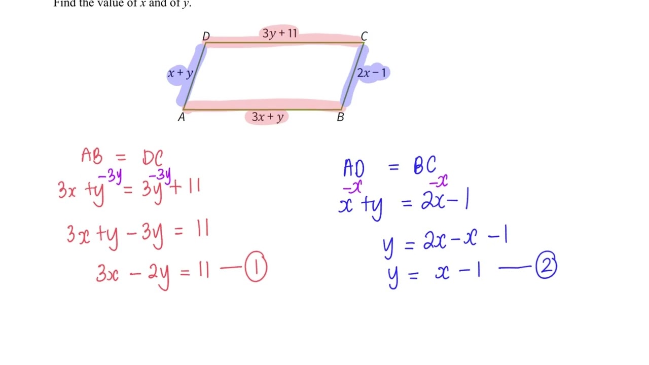 [Simultaneous Equations] Given the following parallelogram, find the values of x and y.