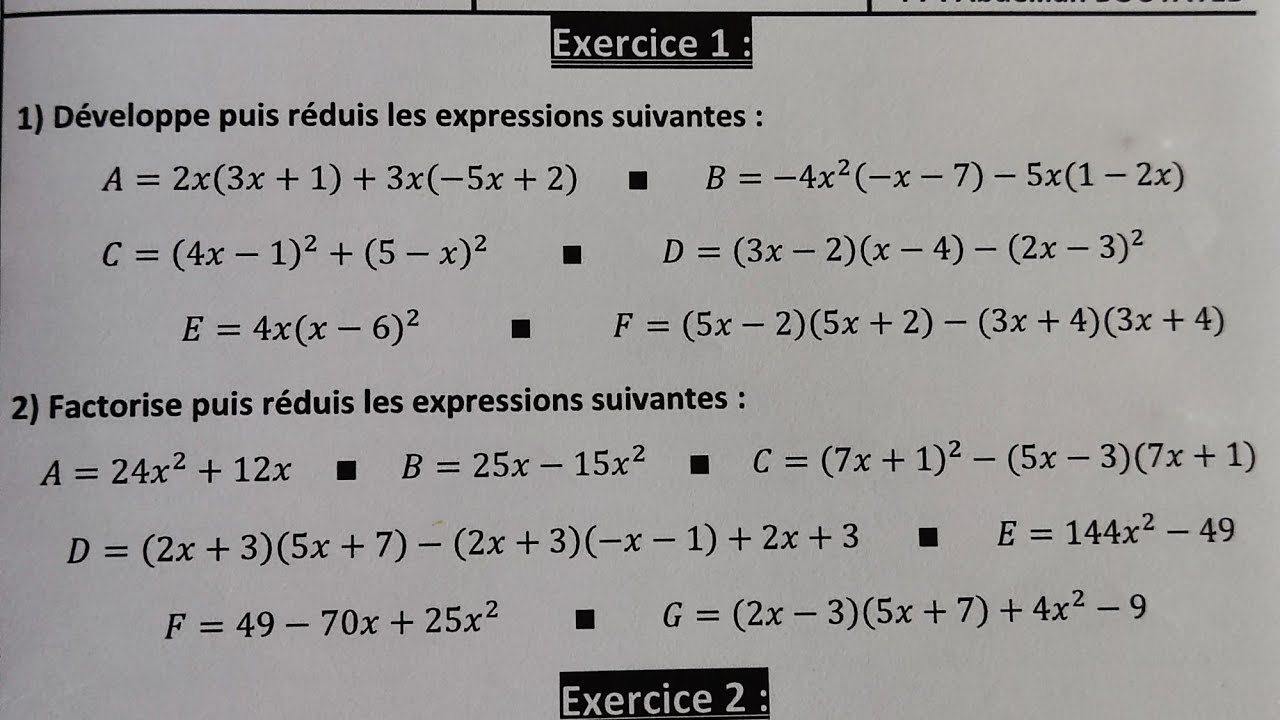 calcul littéral + équations Contrôle N°1 Semestre 2 ثانية إعدادي