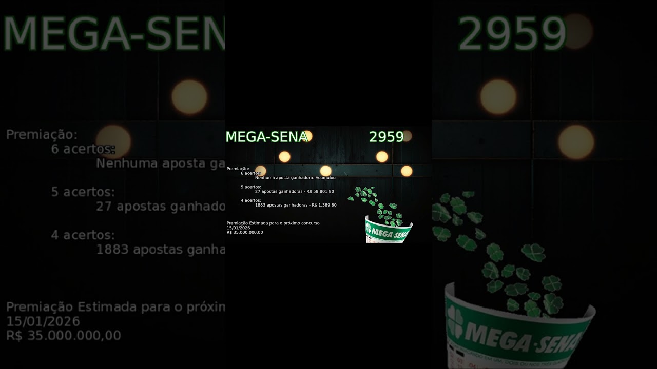 Resultado MEGA-SENA 13/01/2026. Concurso 2959. O premio estimado é de R$ 20.000.000,00.