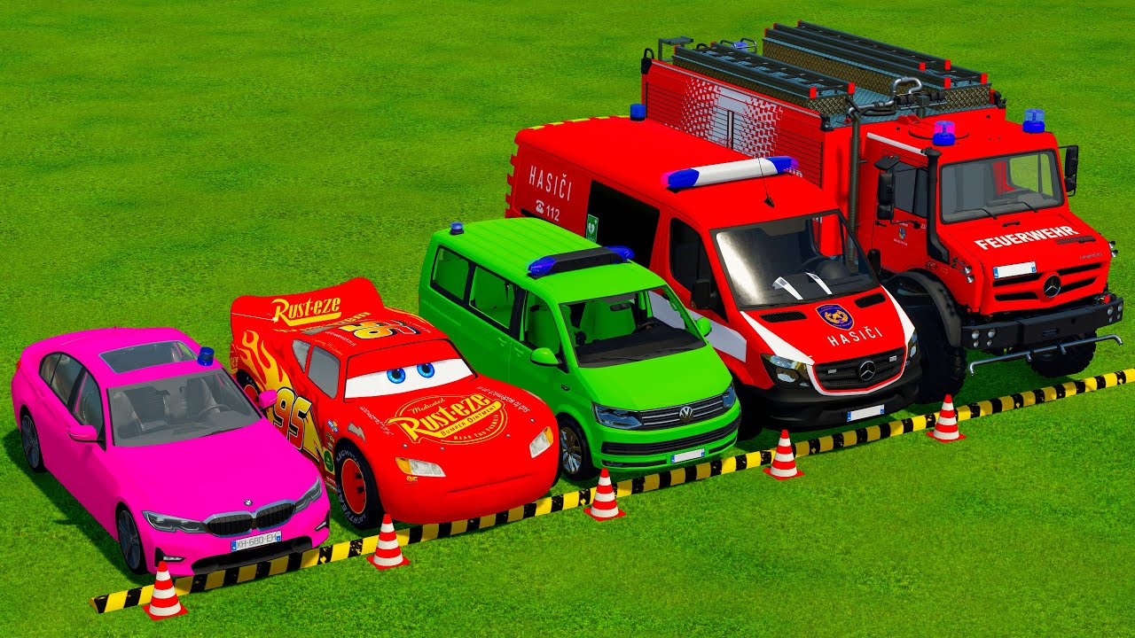 DACIA, MCQUEEN CAR, FORD POLICE CARS, AMBULANCE EMERGENCY TRANSPORTING WITH TRUCKS ! FS22
