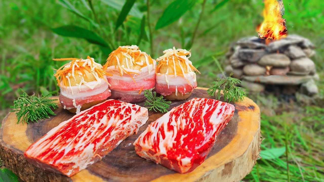 Cooking Grilling Beef Steak & Stuffed Potatoes in the Forest | ASMR Outdoor Cooking
