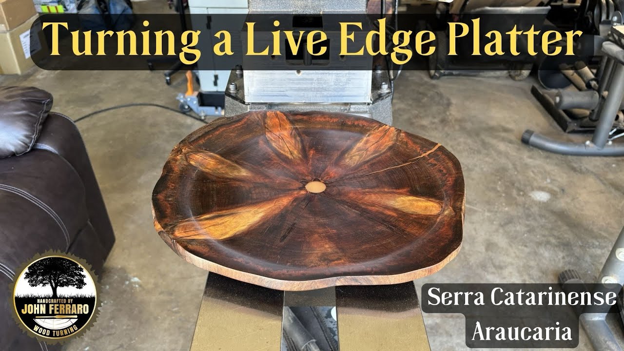 Woodturning a Natural Edge Platter from Brazilian Pine - a rare Araucaria cross section.