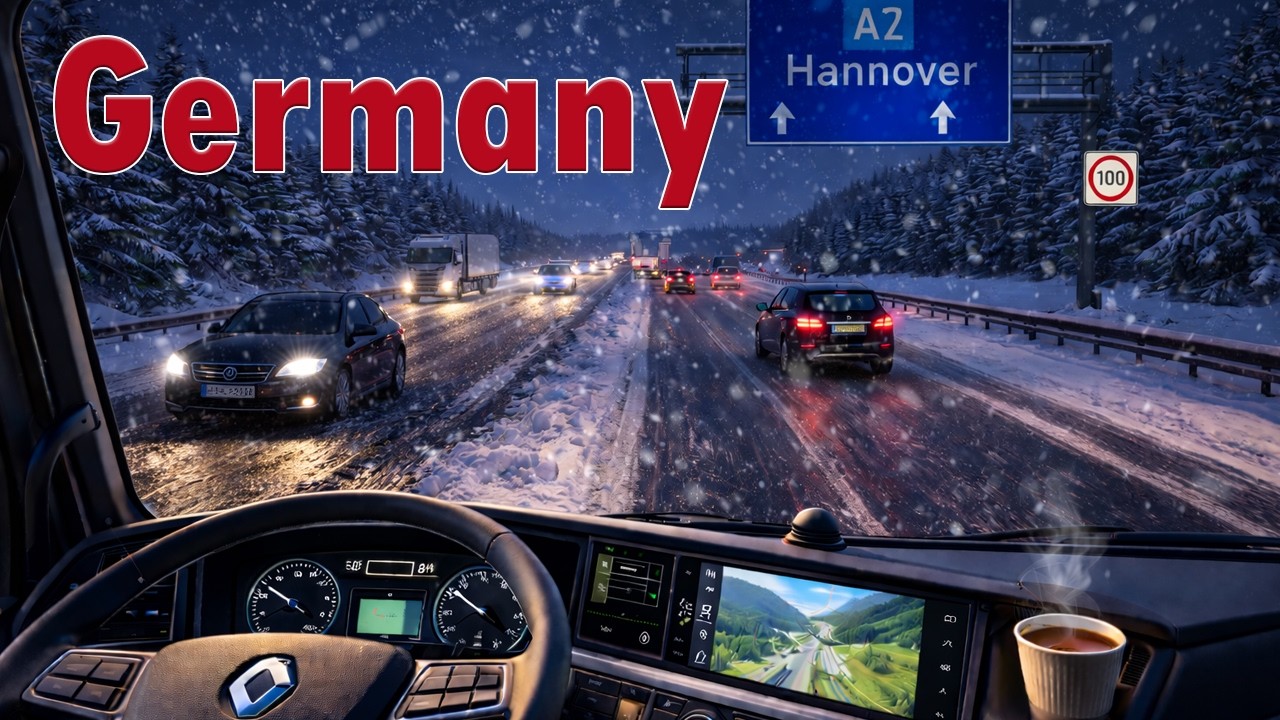 Night truck trip on a snowy autobahn in Germany