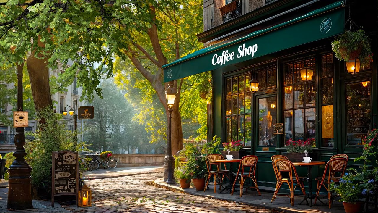 Fresh Spring Morning Ambience at Outdoor Coffee Shop - Relaxing Jazz Music for a Positive Mood
