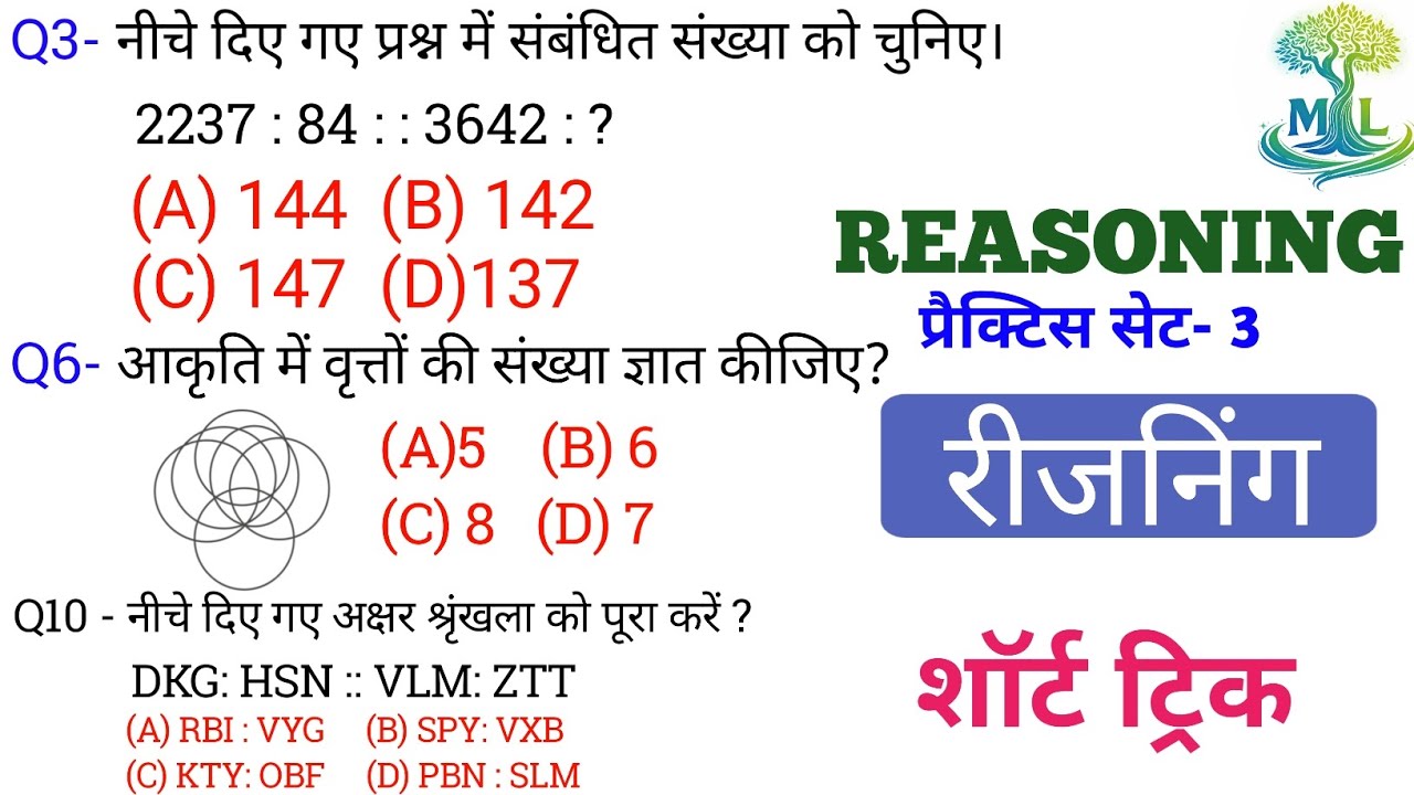 रीजनिंग प्रैक्टिस Set 3 | शार्ट ट्रिक | SSC CGL CHSL CPO GD | RRB NTPC GROUP D | DRDO BSSC POLICE