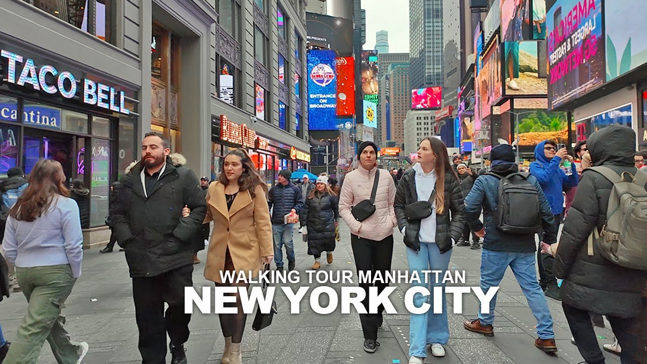New York Manhattan Winter Walk, 7th Avenue, Times Square, Broadway, SoHo and Lafayette Street, 4K