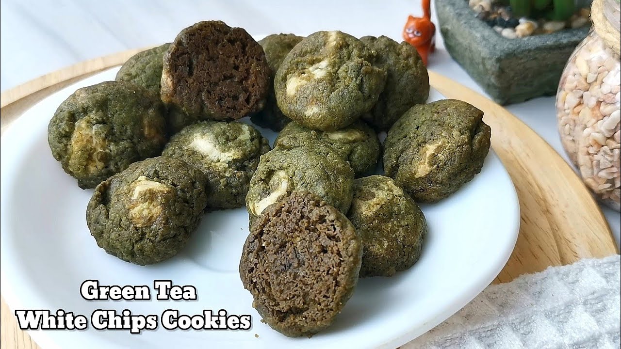 Crunchy Matcha White Chips Cookies (Biskut Green Tea Rangup) Resepi Pasti Jadi & Sedap.