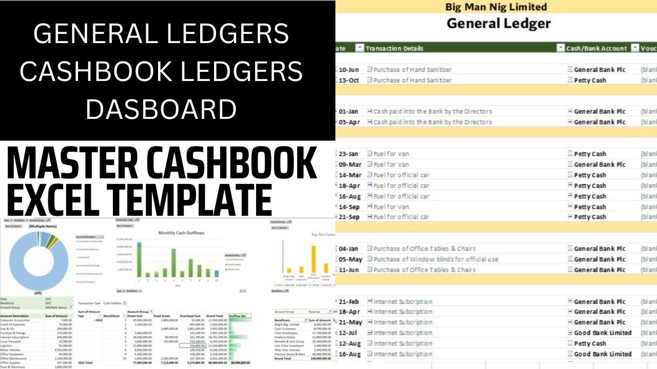 Master Cashbook | Excel Template: General Ledgers, Cashbook Ledgers & Dashboard
