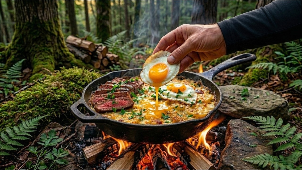 3 MASSIVE Steaks on a HOT STONE! Bushcraft Forest Cooking