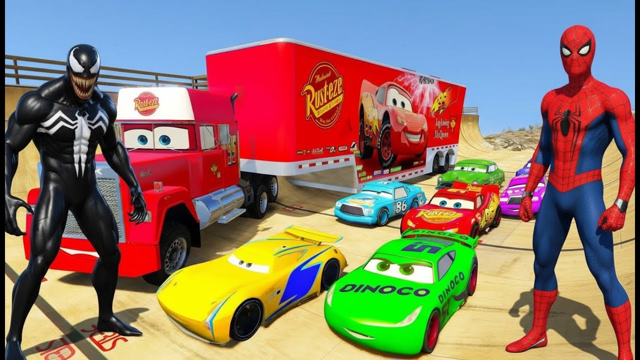 SPIDERMAN McQueen Vs VENOM MACK TRUCK MULTI Ramp Desert RAMP Challenge !  Disney Car - GTA V