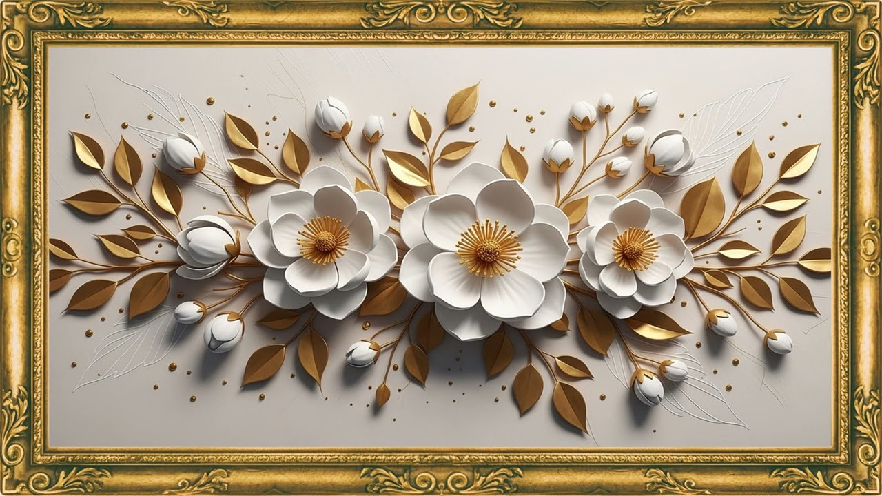 Sculpted Minimal Floral Relief 4K | White & Gold Luxury Wall Presentation