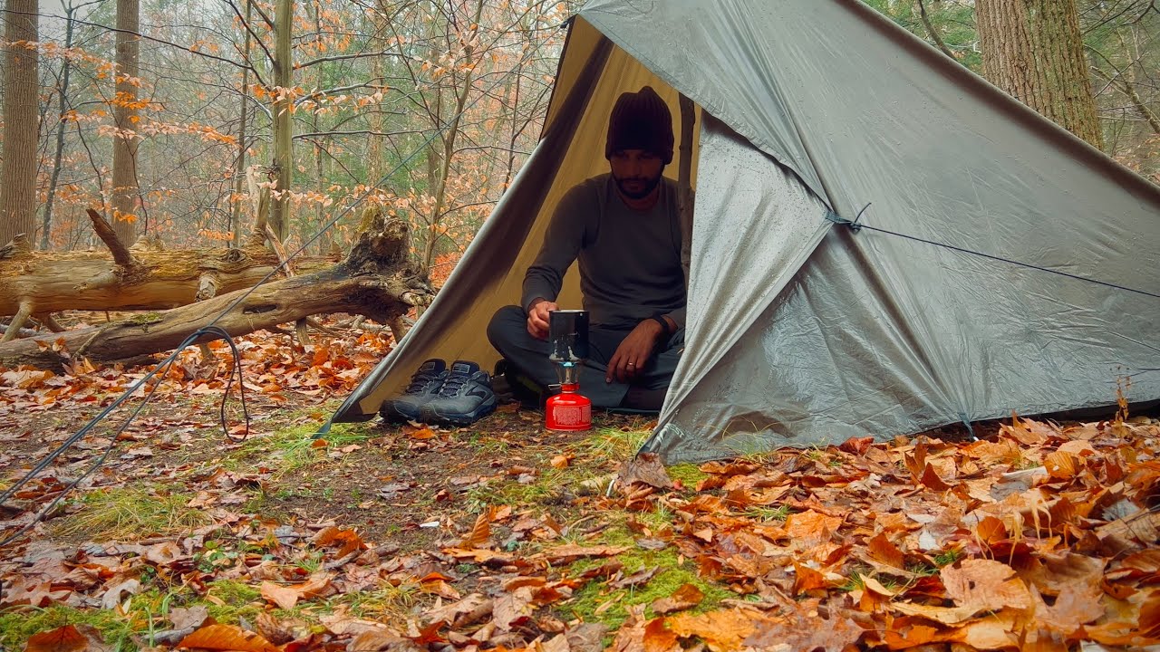 Solo Camping in Autumn Forest - Tarp Tent Shelter Construction and Cooking #asmr #camping #bushcraft