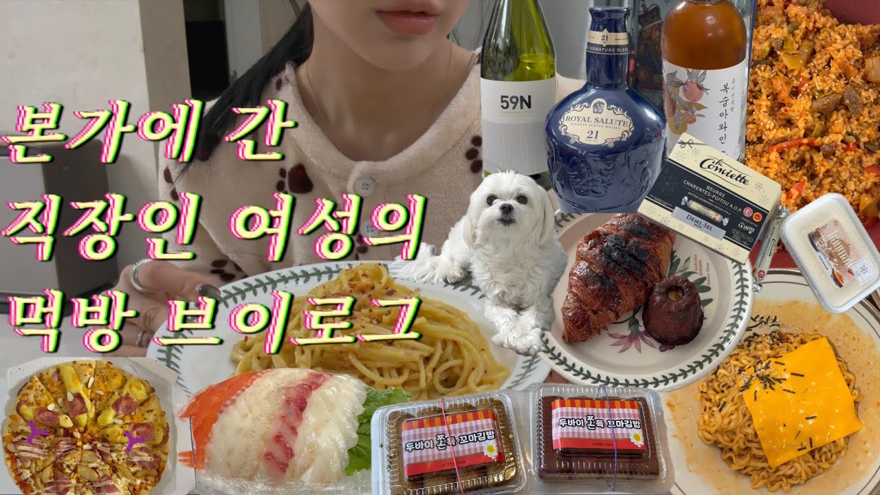 ep8.본가에간직장인여성의먹방브이로그|먹방•밥친구•만화카페캣툰•불닭볶음면•참치김치덮밥•김영모제과점•퓨전볶음밥(?)•크로아상•카이막•스킴스•H&M•알리오올리오•한우•소래포구•미친피자