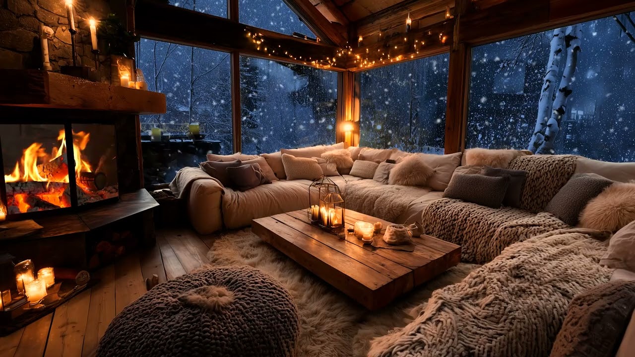 Cold Night Wind Outside the Cabin with a Fireplace Creating a Safe Atmosphere