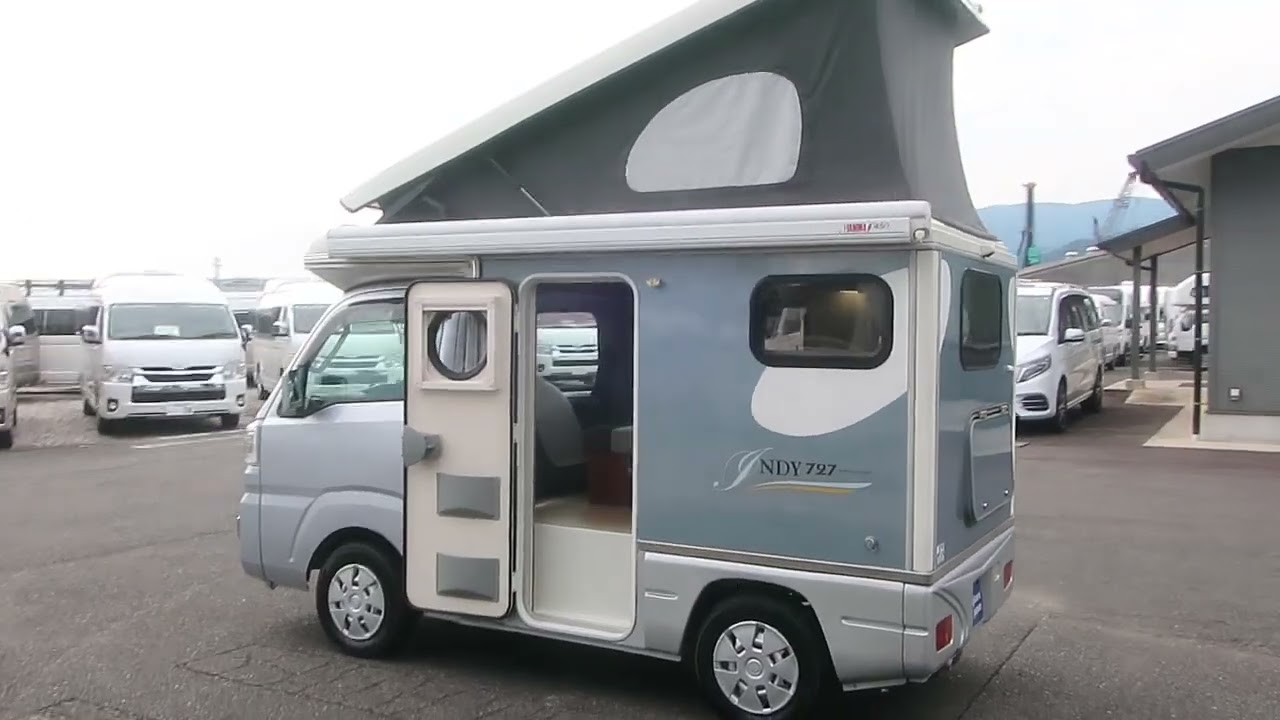 キャンピングカー　ハイゼットトラック　インディアナRV　インディ727　タイプL／ポップアップルーフ／エクストラベース／ＦＦヒーター／ソーラーパネル／サイドオーニング／シングルサブ／走行充電／外部充電