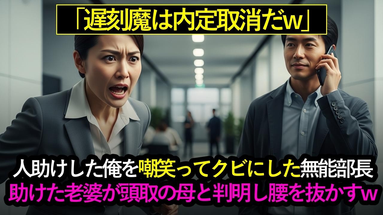 老婆を助けて内定式に遅刻し「内定取消ｗ」と笑う部長➡直後、その老婆が頭取の母だと判明し、部長が腰を抜かしたｗ #スカッとする話