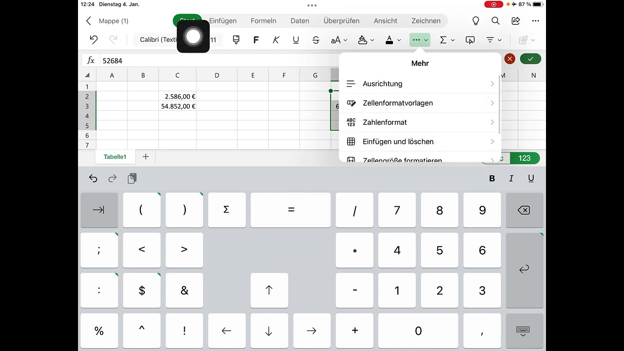 Zellen formatieren mit der Excel App