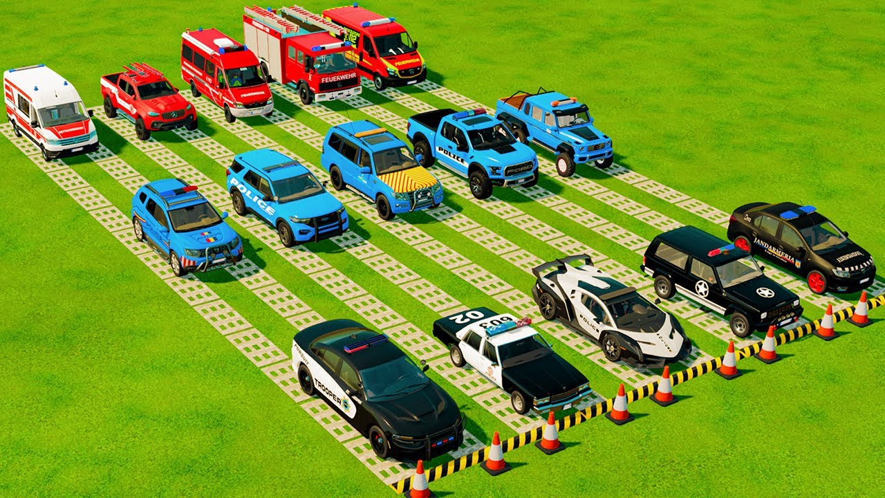 TRANSPORTING POLICE CARS, AMBULANCE, FIRE TRUCK, COLORFUL CARS WITH TRUCK -FARMING SIMULATOR 22!